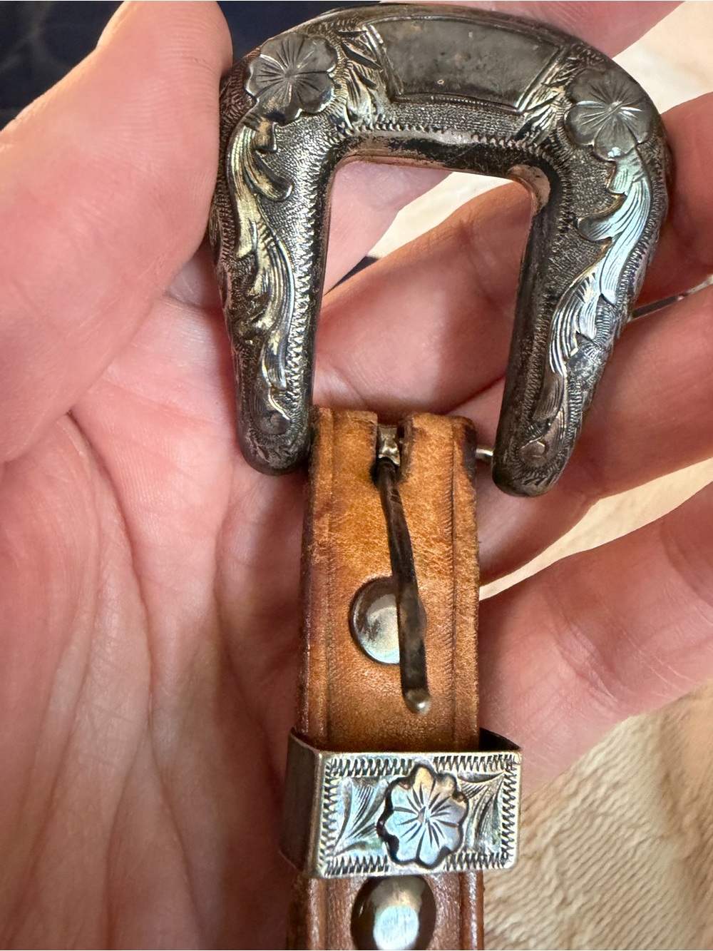 Vintage western tooled belt HIBCO 10k Sterling Silver Buckle Set carved leather - Picture 11 of 14